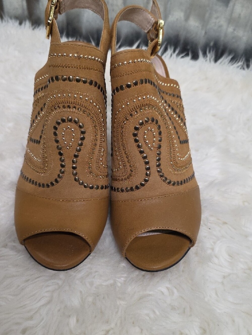 Vince Camuto Tan Studded Peep-Toe Slingback Heels - Picture 2 of 8